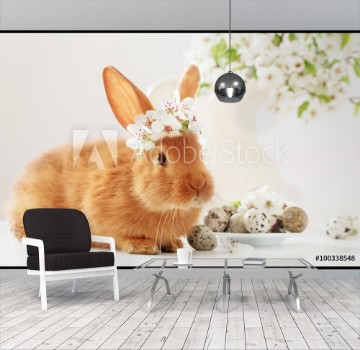 Picture of little rabbit with spring flowers and Easter eggs